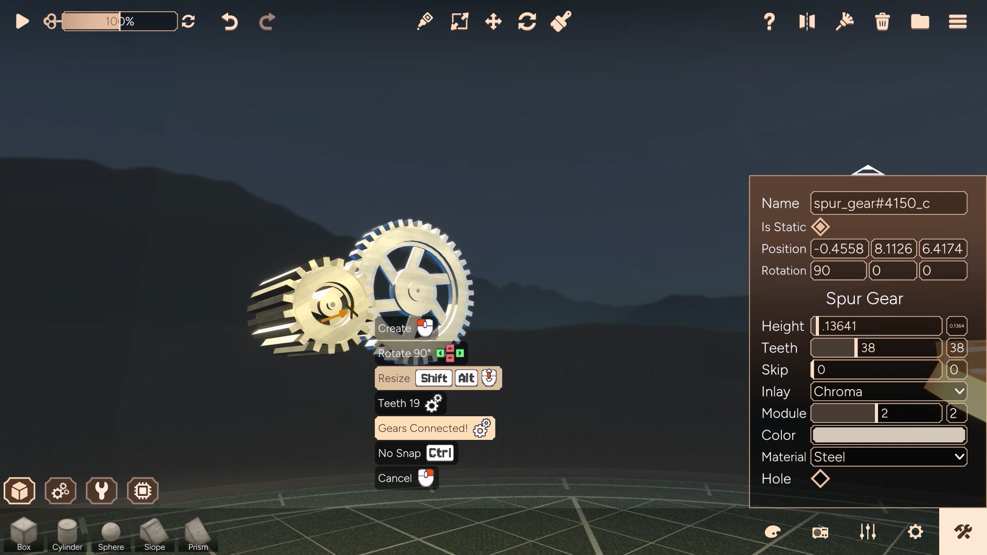 The gear parameter panel with teeth, module and material