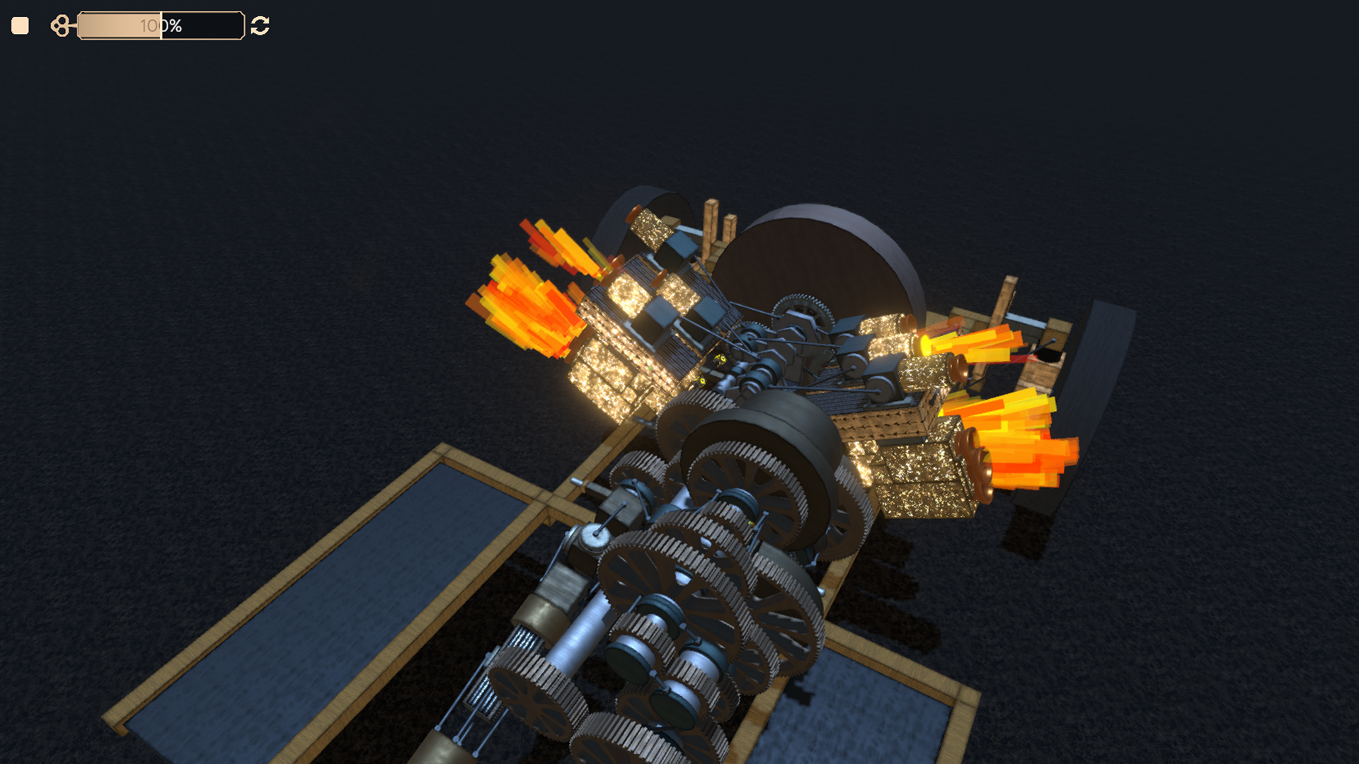 A complex assembled multi-cylinder engine at night