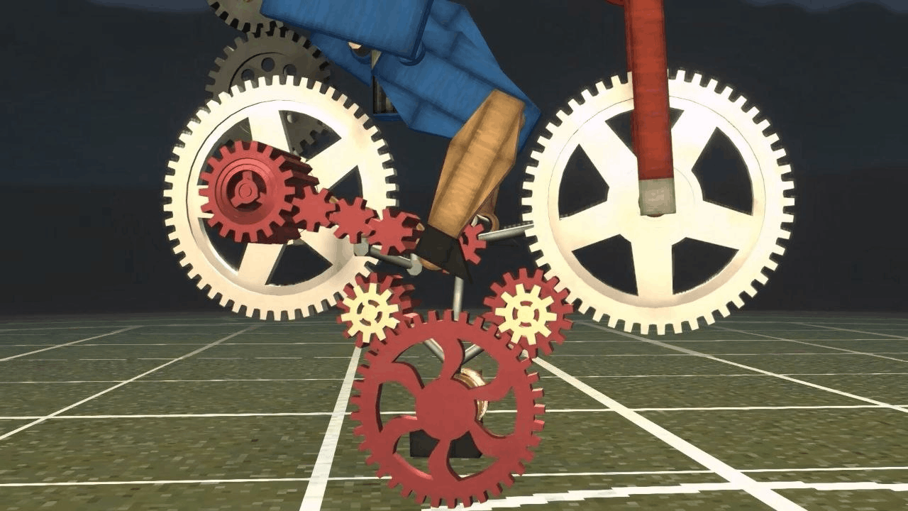 A dense wooden-and-brass gear train