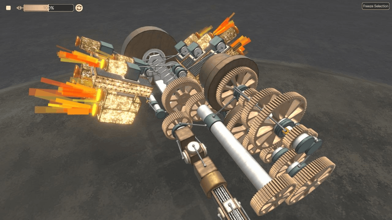 A sprawling gear-driven machine spitting glowing sparks