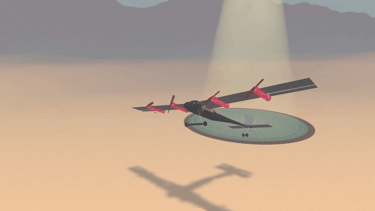 A player-built aircraft lifting off at dusk